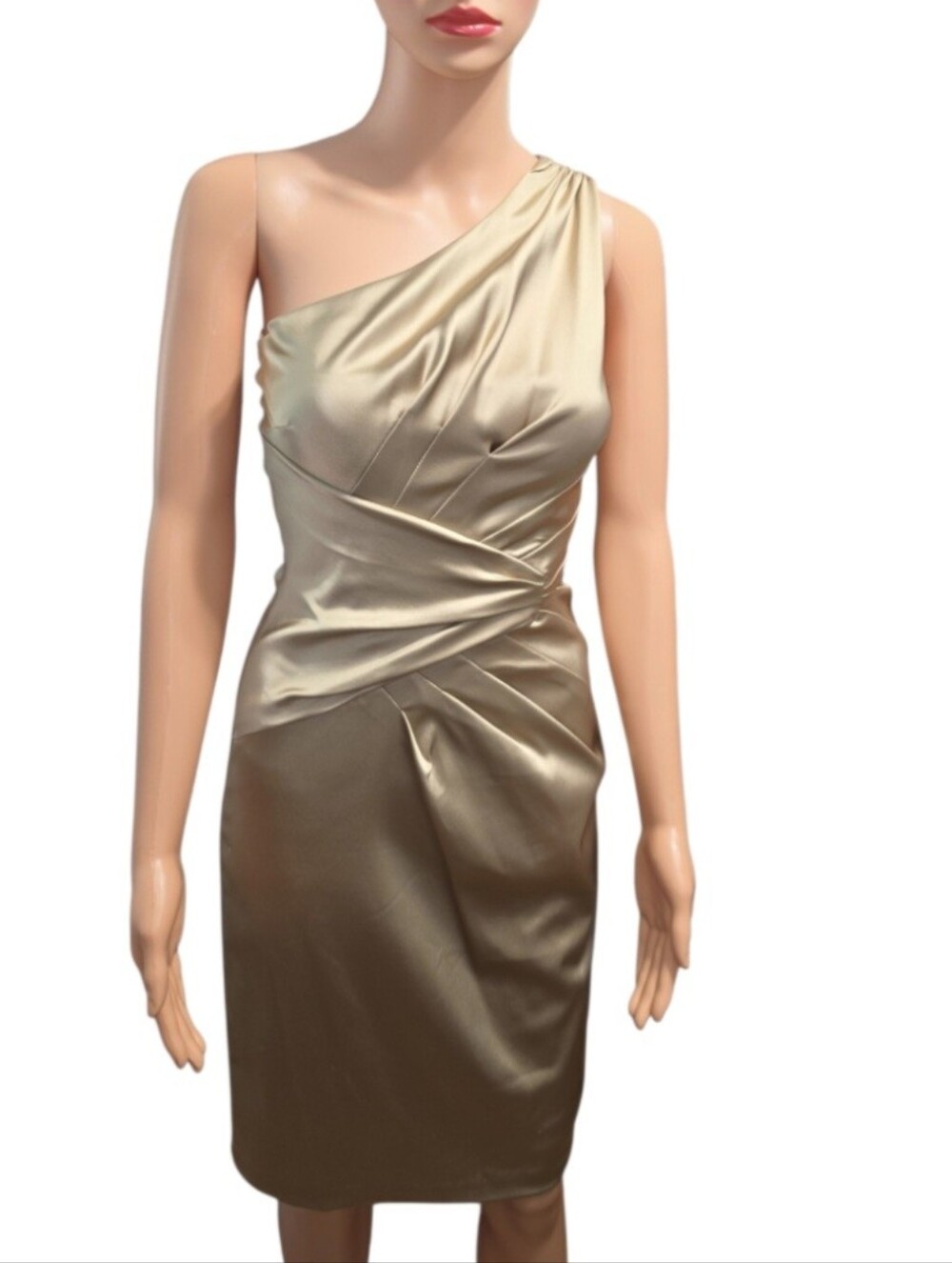 Vince Camuto Gold Champagne One Shoulder Ruched Satin Cocktail Mini Dress Sz 4